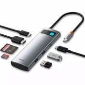 Докинг станция Baseus USB-C Metal Gleam Series 7 in 1 Hub, от USB C към 2x USB C / 2x USB A / 1x HDMI / 1x четец на карти, сива