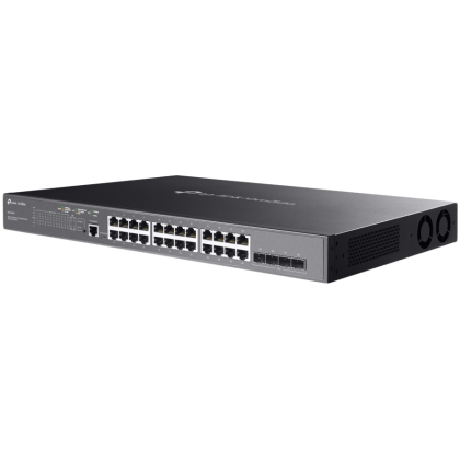 TP-Link SG3428MP Omada 28-Port Gigabit L2+ Managed Switch with 24× Gigabit 802.3af/at PoE+ ports and 4× Gigabit SFP slots, 384 W total PoE budget, Omada app, Static Routing, VLAN, ACL, QoS, IGMP Snooping, OAM, and DDM, ERPS, Zero-Touch Provisioning