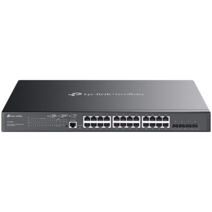 TP-Link SG3428MP Omada 28-Port Gigabit L2+ Managed Switch with 24× Gigabit 802.3af/at PoE+ ports and 4× Gigabit SFP slots, 384 W total PoE budget, Omada app, Static Routing, VLAN, ACL, QoS, IGMP Snooping, OAM, and DDM, ERPS, Zero-Touch Provisioning