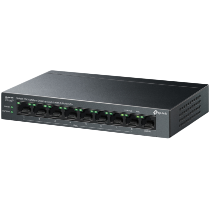 TP-Link LS109P 9-Port 10/100 Mbps Desktop Switch with 8-Port PoE+, 8× 10/100 Mbps PoE+ Ports, 1× 10/100 Mbps Non-PoE Port, 802.3at/af, 63 W PoE Power, Desktop Steel Case, Extend Mode for 250m PoE Transmitting, Isolation Mode, PoE Auto Recovery