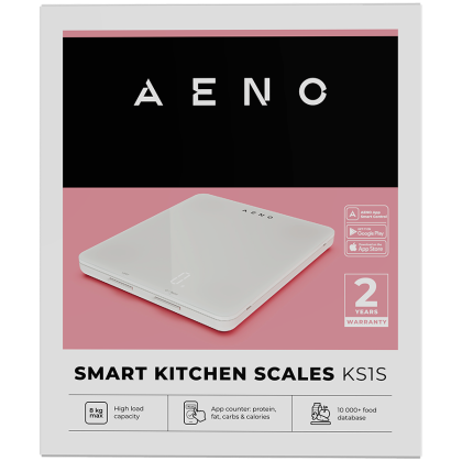 AENO Kitchen Scale KS1S Smart, Max load - 8 kg, Bluetooth, 10,000+ products & meals, 25 indicators analysis, Coffee mode, 6 unit conversion: kg, g, lb, fl, oz, ml, Material - glass
