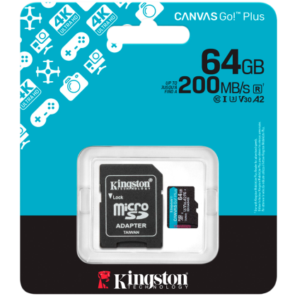 KINGSTON 64GB microSDXC Canvas Go Plus Gen4 200MB/s A2 U3 V30 Card + Adapter