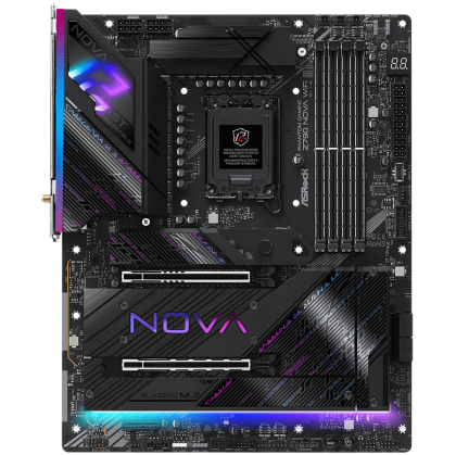 ASROCK MB Desktop Z790 Nova Wi-Fi S1700, 4x DDR5, 1x PCIe 5.0 x16, 1x PCIe 4.0 x16, 1x PCIe 3.0 x1, 5x Hyper M.2, 1x Blazing M.2, 4x SATA3, 2x USB-C, 11x USB 3.2, 6x USB 2.0, 1x RJ-45 2.5GB Lan, 802.11ax Wi-Fi 7 + Bluetooth 5.4, 1x HDMI, 1x DP, ATX