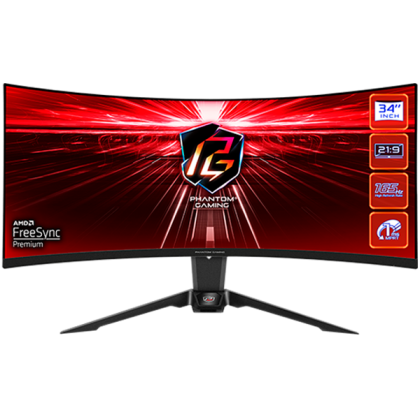 Asrock Curved Gaming Monitor, 34" WQHD(3440x1440) 1500R VA, 165 Hz, 115% sRGB, 3000:1, 550 cd/m², 178º/178º, 1ms (MPRT), Flicker-free, 2x 2W Speakers, 2x HDMI 2.0, 1x DP 1.4, 1x Audio Jack (3.5mm), Wi-Fi Antenna (7 dBi), 3Y