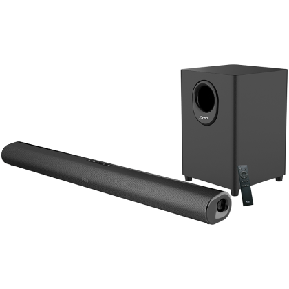 F&D HT-330 2.1 TV Soundbar with Wired Subwoofer, 80W RMS (20Wx2+40W), Full-range speaker: 50x90mm + 6.5'' Subwoofer, BT 5.0/Optical/AUX/HDMI/USB/LED Display/Remote Control/Wooden/Black