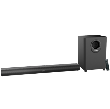 F&D HT-330 2.1 TV Soundbar with Wired Subwoofer, 80W RMS (20Wx2+40W), Full-range speaker: 50x90mm + 6.5'' Subwoofer, BT 5.0/Optical/AUX/HDMI/USB/LED Display/Remote Control/Wooden/Black