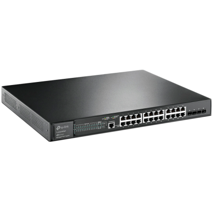 JetStream 24-Port Gigabit and 4-Port 10GE SFP+ L2+ Managed Switch with 24-Port PoE+PORT: 24× Gigabit PoE+ Ports, 4× 10G SFP+ Slots, RJ45/Micro-USB Console PortSPEC: 802.3at/af, 384 W PoE Power, 1U 19-inch Rack-mountable Steel Case