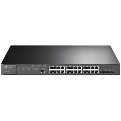 JetStream 24-Port Gigabit and 4-Port 10GE SFP+ L2+ Managed Switch with 24-Port PoE+PORT: 24× Gigabit PoE+ Ports, 4× 10G SFP+ Slots, RJ45/Micro-USB Console PortSPEC: 802.3at/af, 384 W PoE Power, 1U 19-inch Rack-mountable Steel Case