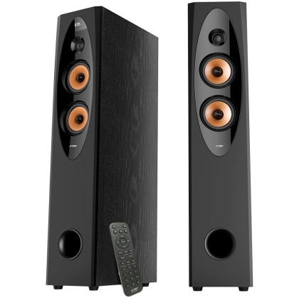 F&D T-60X PRO 2.0 Floorstanding Speakers, 120W RMS ( 60Wx2), 1'' Tweeter + 4'' Speakers x2 + 8'' Subwoofer for each channel, BT 5.3/Optical/COAXIAL/AUX/USB/Karaoke function/LED Display/Remote control/Microphone/Wooden, Touch buttons, Black