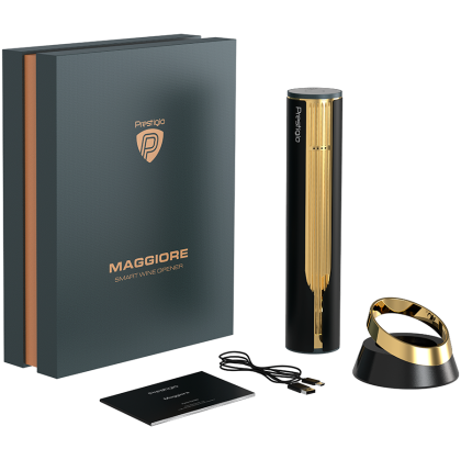 Prestigio Maggiore, smart wine opener, 100% automatic, opens up to 70 bottles without recharging, foil cutter included, premium design, 480mAh battery, Dimensions D 48*H228mm, black + gold color.