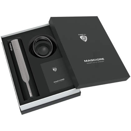 Prestigio Maggiore, smart wine opener, 100% automatic, opens up to 70 bottles without recharging, foil cutter included, premium design, 480mAh battery, Dimensions D 48*H228mm, black + silver color.