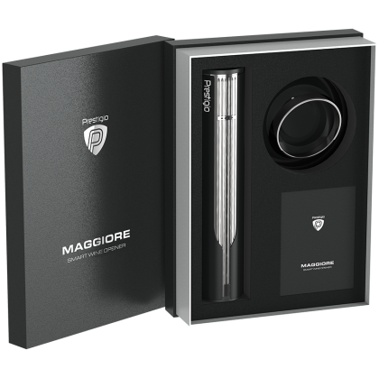 Prestigio Maggiore, smart wine opener, 100% automatic, opens up to 70 bottles without recharging, foil cutter included, premium design, 480mAh battery, Dimensions D 48*H228mm, black + silver color.