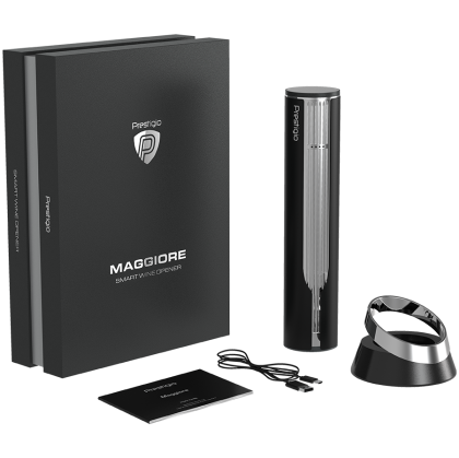 Prestigio Maggiore, smart wine opener, 100% automatic, opens up to 70 bottles without recharging, foil cutter included, premium design, 480mAh battery, Dimensions D 48*H228mm, black + silver color.