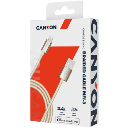 CANYON Charge & Sync MFI braided cable with metalic shell, USB to lightning, certified by Apple, 1m, 0.28mm, Golden