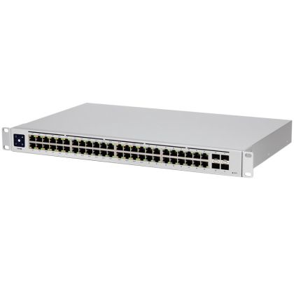 Ubiquiti USW-48-PoE, Layer 2 PoE switch, 32 x GbE PoE+, 16 x GbE ports, 4 x 1G SFP ports, 195W total PoE Power, Fanless, silent cooling, ESD/EMP protection, 1.3" touchscreen LCM display, Rackmount (Kit included)