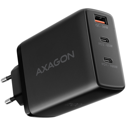 AXAGON ACU-DPQ100 GaN Wall charger, 3x port (USB + dual USB-C), PD3.0/QC4+/PPS/Apple, 100W, black