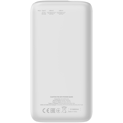 CANYON power bank PB-301 LED 30000 mAh PD 20W QC 3.0 White