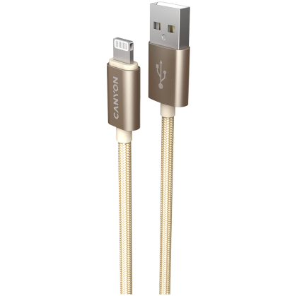 CANYON Charge & Sync MFI braided cable with metalic shell, USB to lightning, certified by Apple, 1m, 0.28mm, Golden