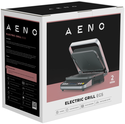 AENO ''Electric Grill EG5: 2000W, 2 heating modes - Lower Grill, Both Grills, 6 preset programs, Defrost, Max opening angle -180°, Temperature regulation, Timer, Removable double-sided plates, Plate size 320*220mm''