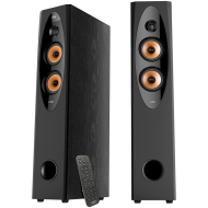 F&D T-60X PRO 2.0 Floorstanding Speakers, 120W RMS ( 60Wx2), 1'' Tweeter + 4'' Speakers x2 + 8'' Subwoofer for each channel, BT 5.3/Optical/COAXIAL/AUX/USB/Karaoke function/LED Display/Remote control/Microphone/Wooden, Touch buttons, Black