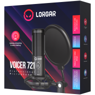 LORGAR Voicer 721, Gaming Microphone, Black, USB condenser microphone with tripod stand and pop filter, including 1 microphone, 1 metal tripod, 1 plastic shock mount, 1 windscreen cap, 2m USB Type C cable, 1 pop filter, 1 tripod mount ring, 154.6x56.1mm